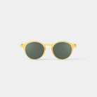 A pair of round sunglasses in a yellow honey frame.