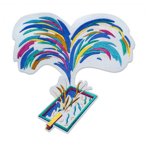 Embroidered patch featuring a swimming pool with a splash of rainbow colours.
