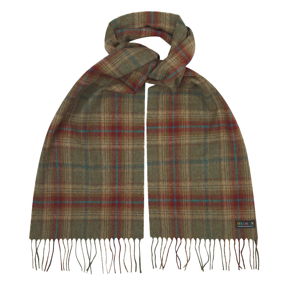 A styled tartan pattern scarf with tassels.