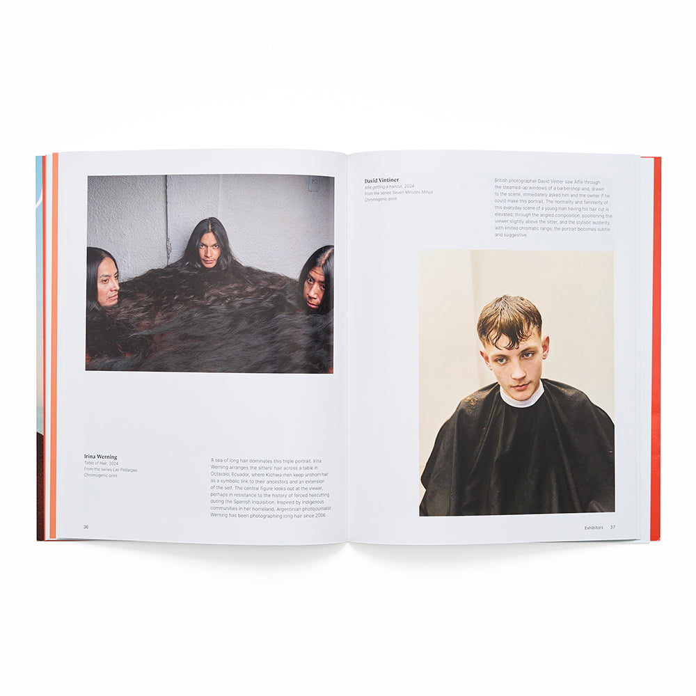 Open book showing a page with a photo of a person in a black salon cape and text on a white background.