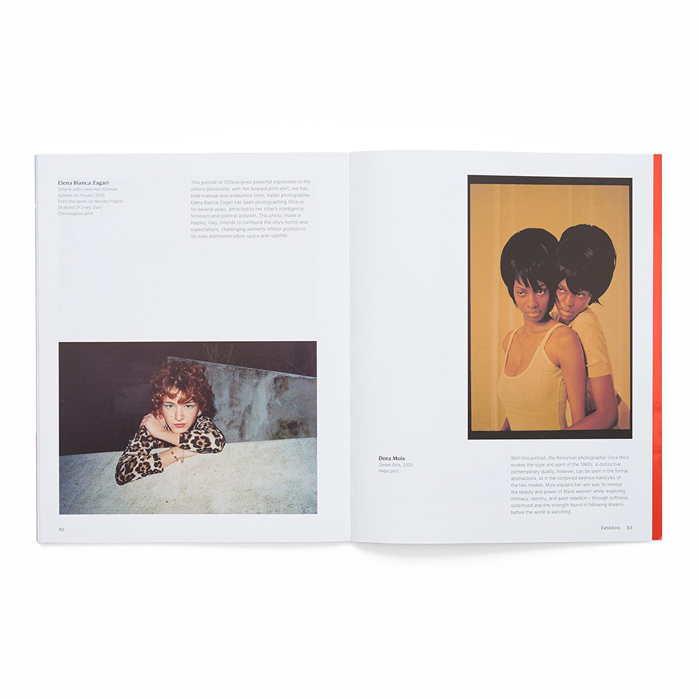 Open book showing two photographs of a people with text on a white background