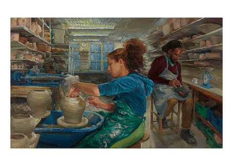 A painting featuring two ceramicists working inside a studio.
