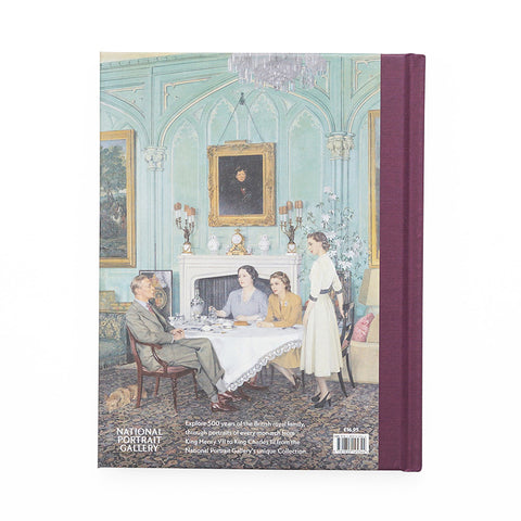 Reverse cover featuring a painting of four people in smart dress around a table in a grand room with fireplace.