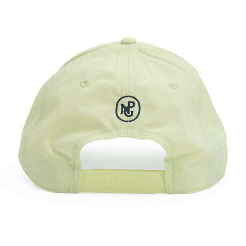 Reverse view of mint green hat with NPG monogram embroidered.