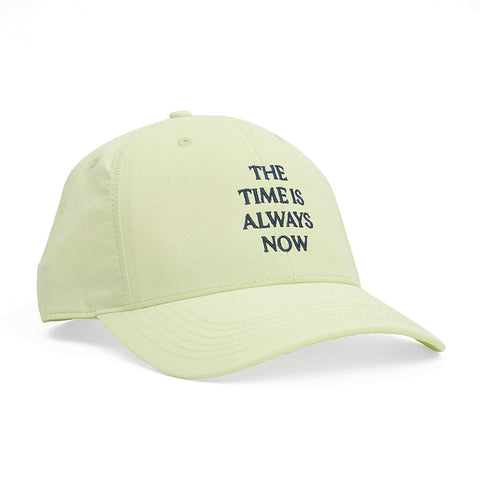 Side view of The Time is Always Now baseball hat in mint green.