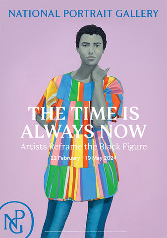 Poster featuring Amy Sherald's painting of a woman in a rainbow stripe dress against a lilac background.