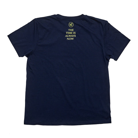 Reverse of navy t-shirt with the NPG monogram and 'The Time is Always Now' in green.