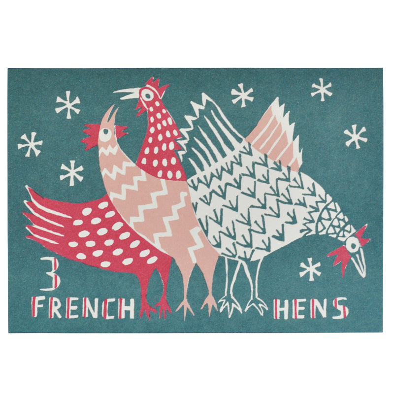 A teal coloured card with three multicoloured hens on it with the wording "3 french hens."