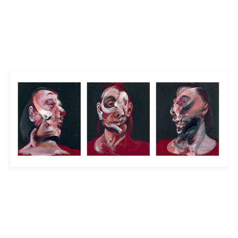 A triptych of an abstract woman in red and black colours. 