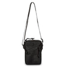 Black crossbody bag with a strap on a white background
