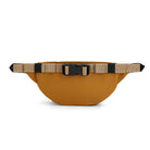 Reverse of yellow waist bag with a brown strap on a white background