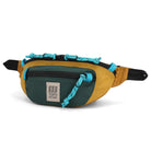 Multicoloured waist bag with turquoise, yellow and green block colours and straps on a white background