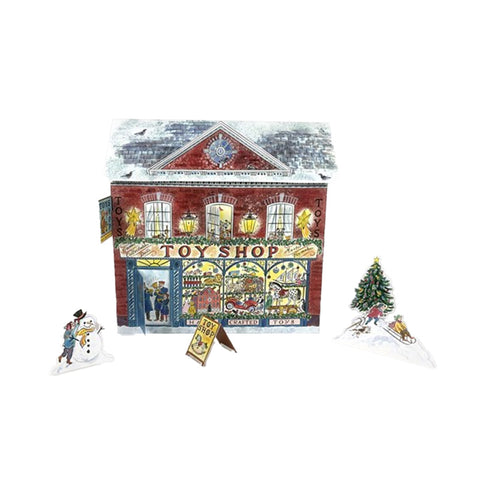 3D stand up advent calendar featuring a traditional Toy Shop with stand out Christmas tree and snowman.