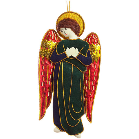 Angel shaped hanging fabric decoration in red with gold embroidered detailing.