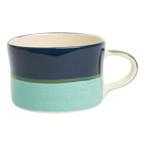 Three toned mug in dark blue, green and light blue. 