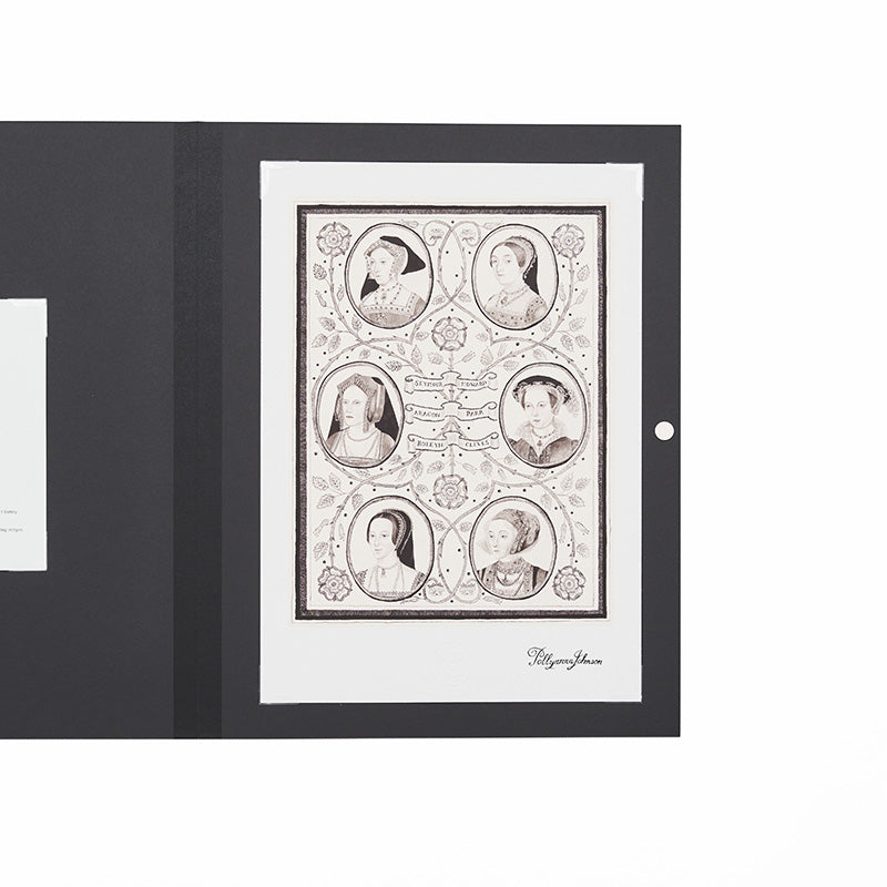 Close up view of interior of folio with illustrated print of henry viii's wives with intricate vines and tudor roses.