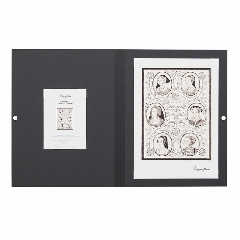 Interior of black folio with a cream print illustrated with the six wives of henry viii.