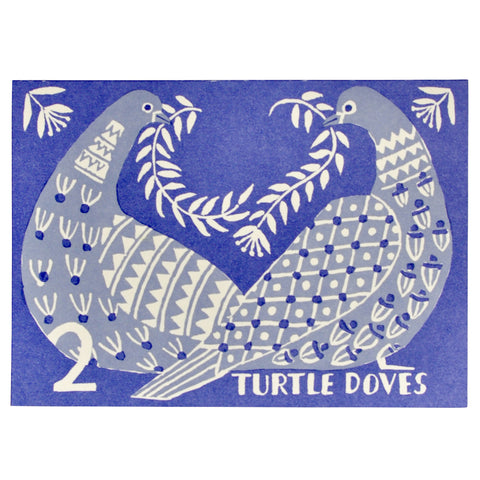 Blue card with 2 white and grey doves on it with the wording "2 Turtle Doves" on it. 