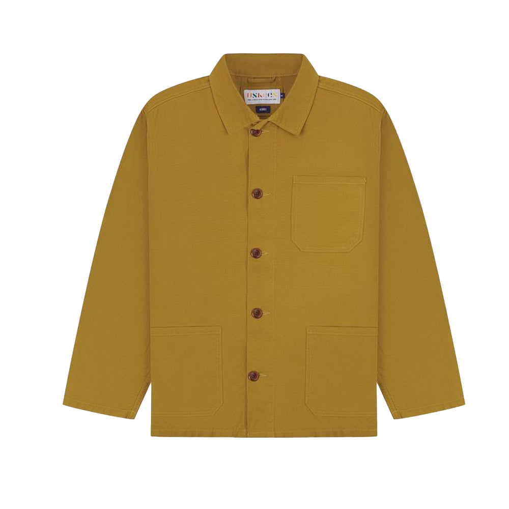 Yellow jacket with button details on a white background