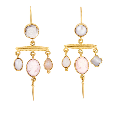 A pair of gold multi-charm three-tiered drop earrings.