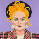 Embroidery of a woman with yellow hair and a colorful outfit on a purple background