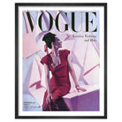 Vintage Vogue magazine cover with a woman in a red dress against a colorful abstract background
