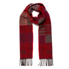 A red and dark gray patterned knit scarf with fringe ends, displayed against a solid white background.