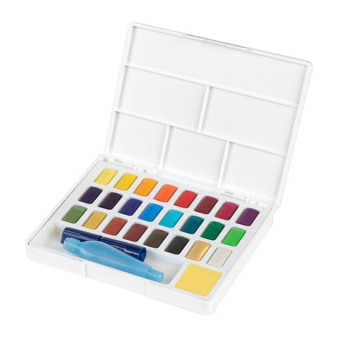 Interior view of paint palette featuring multiple colours and a water brush.