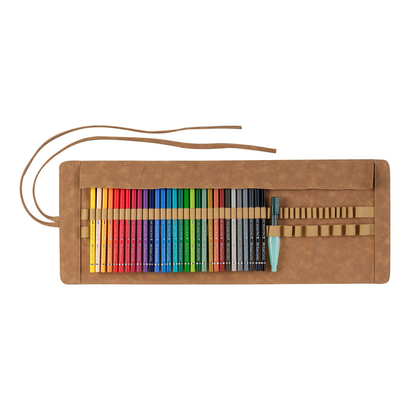 A roll wrap in brown leather look material is rolled out with a line of coloured pencils displayed inside.