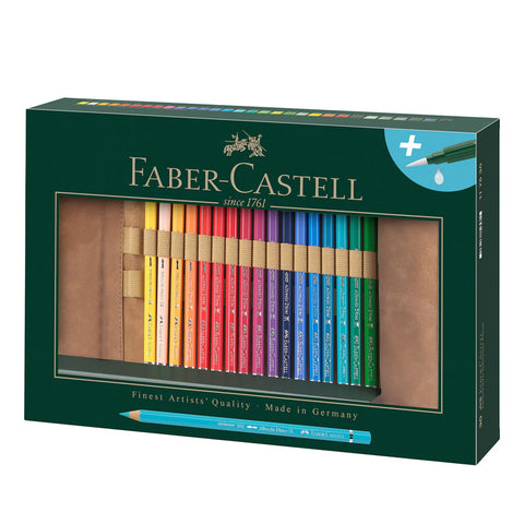 Exterior view of box containing a set of 30 watercolour pencils and a roll wrap.