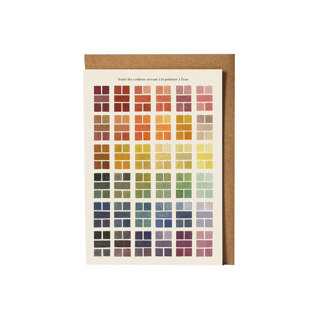 A rectangular greetings card with a watercolour paint palette design and envelope.