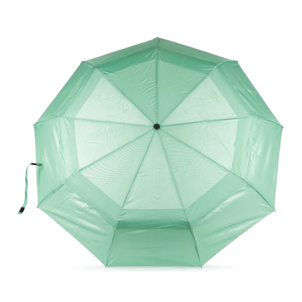 A mint green compact umbrella shown open from a top down view on a clean white background.
