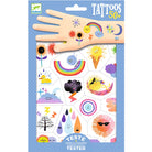 Image: a set of sun, rain and cloud illustrated temporary tattoos inside rectangular packaging.