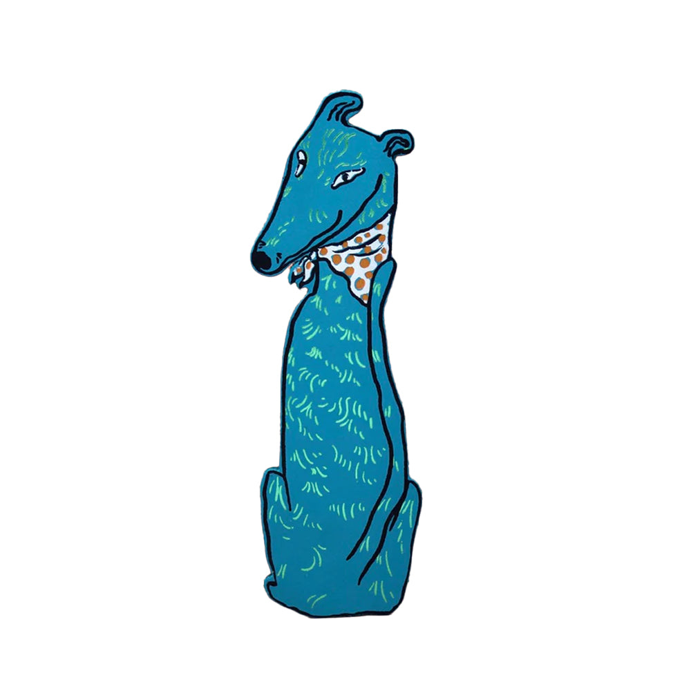 An illustrated bookmark of a turquoise dog wearing a bandana.