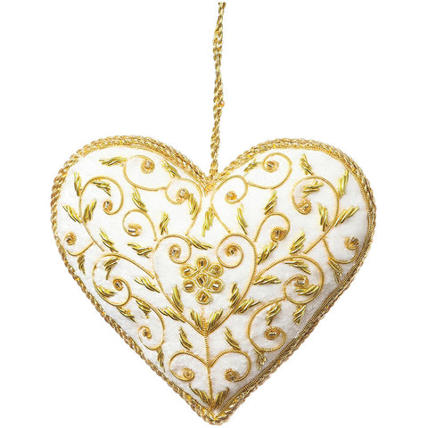 White heart shaped hanging fabric decoration with gold floral embroidered detailing.