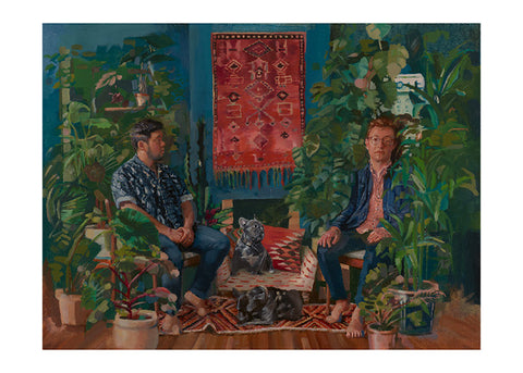 A painting of two men on chairs in a blue living room surrounded by houseplants and a dog.