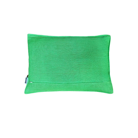 Reverse of rectangular cushion in a green block colour linen. 