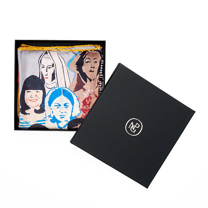 Square silk scarf in a black presentation box with foil npg logo.