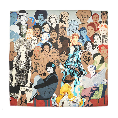 Flat view of square bandana featuring a collaged artwork of female icons. 
