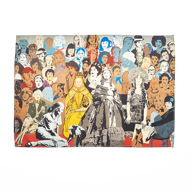 A rectangular tea towel featuring a collaged artwork of female icons.