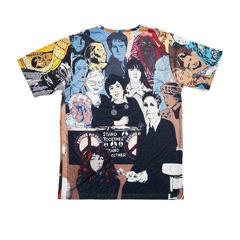 Reverse side of tshirt featuring an all over collage print of famous female icons. 