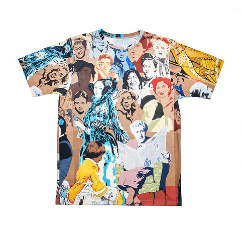 A tshirt featuring an all over collage print of famous female icons. 