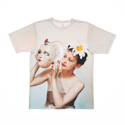Off-white t-shirt with a full print of Mask (Rosemary Chance (née Gregory-Hood)) by Yevonde, NPG x220665. 