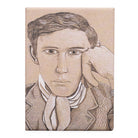Rectangular magnet featuring an illustration of a man in a scarf resting his head on his hand. 