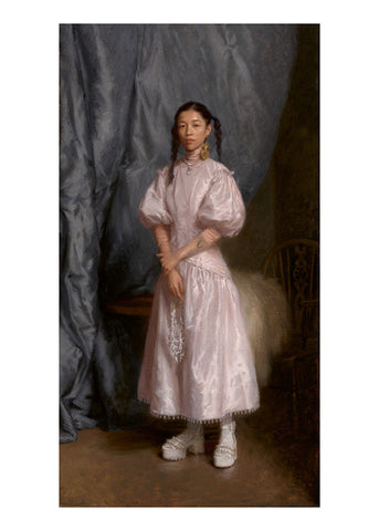 A painted portrait featuring a young woman in a pale dress and embellished shoes standing against a curtain backdrop.