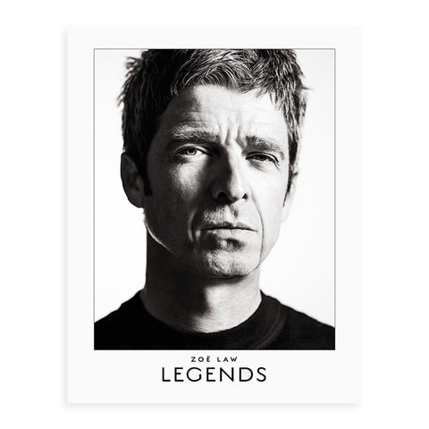 A catalogue cover in black and white with Noel Gallagher's face on the cover and "Zoe Law Legends" written below.