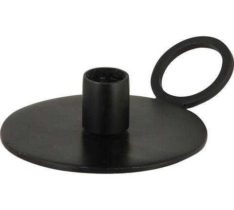 Black metal candle holder with a flat round base and a circular handle.