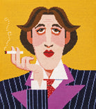 Colourful needlepoint tapestry of Oscar Wilde smoking a cigarette.