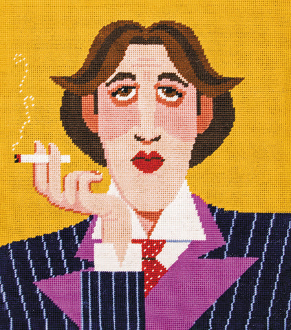 Colourful needlepoint tapestry of Oscar Wilde smoking a cigarette.