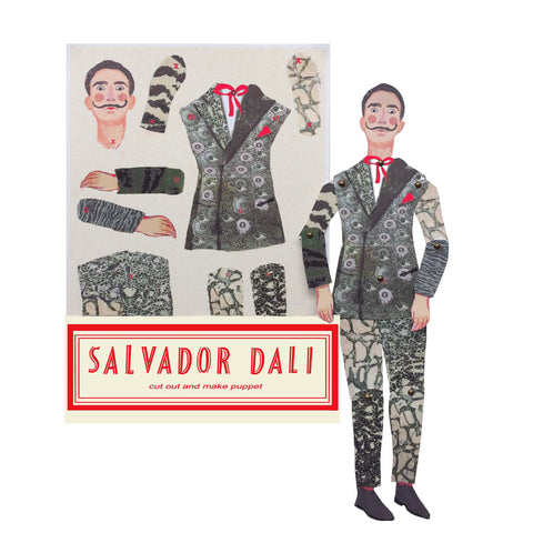 Salvador Dali artist paper puppet cut out and make kit by Wini Tapp - packaging next to finished puppet